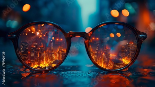 Apocalyptic vision through glasses reflecting a burning cityscape at night