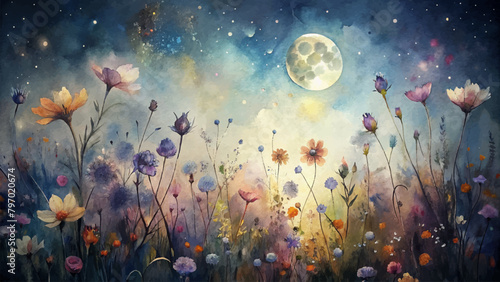 Watercolor background of wildflowers illuminated by moonlight