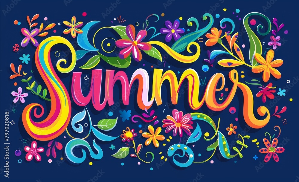Fototapeta premium A vibrant summer design with colorful swirls and flowers, featuring the word 