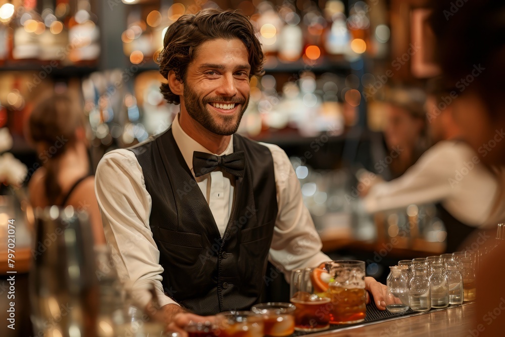 A charismatic bartender with a friendly smile serves crafted cocktails in a vibrant bar atmosphere, showcasing expertise and engaging hospitality