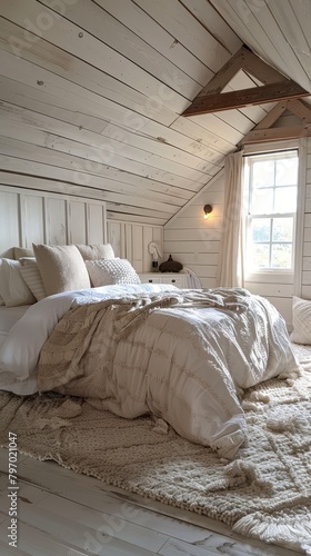 Cozy and serene attic bedroom featuring whitewashed walls  a plush bed covered in rich textures  and a soft  inviting ambiance created by natural light