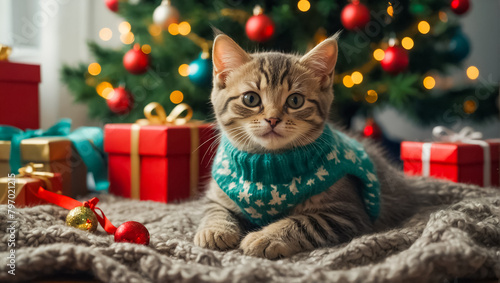 cute cat in a sweater, Christmas tree, gift boxes