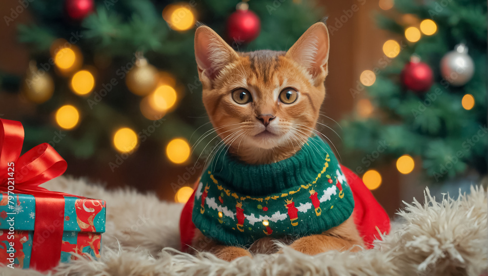 cute cat in a sweater, Christmas tree, gift boxes beautiful cute cat in a sweater, Christmas tree, gift boxes beautiful