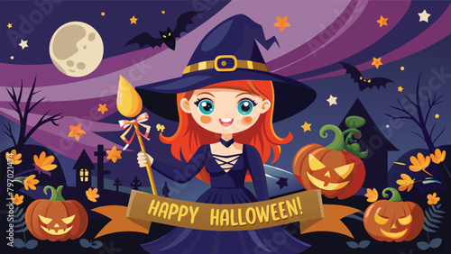 Prepare for a night of magic and mischief on Halloween, with sinister pumpkins, bats, witches, a black cat, and a ghostly castle looming in the moonlit sky. Mystical banner illustration.
