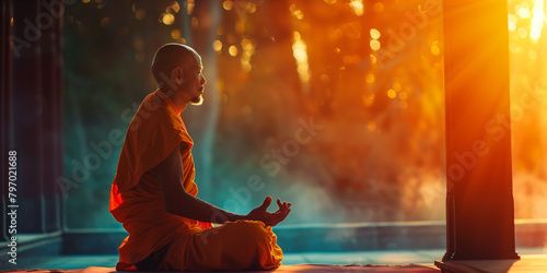 Buddhist monk in meditation, praying, in the morning on the veranda of the house, the sun's rays falling on the monk, free space for the test photo