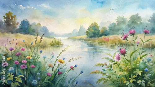 Watercolor background of wildflowers growing by the riverside