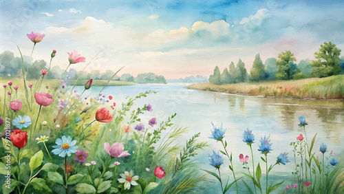 Watercolor background of wildflowers growing by the riverside © Fauzi Arts