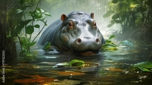 Pygmy hippo in a jungle stream, emerging among lush green foliage