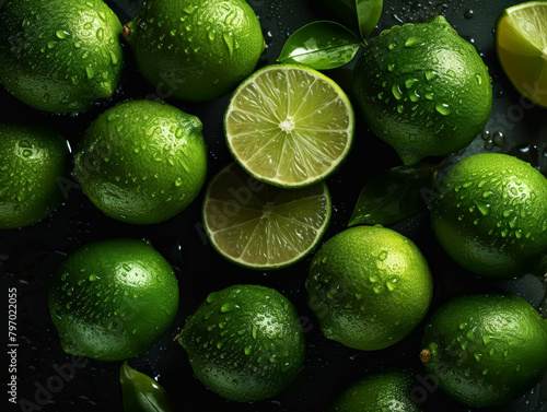 A bunch of green limes with some of them cut in half. The limes are wet and shiny © Людмила Мазур