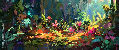 A magical digital illustration of an enchanted forest with diverse flora and ethereal lighting set in a fantasy realm © JohnTheArtist