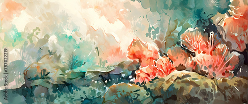 This digital artwork represents an ethereal coral reef garden  merging aquatic themes with a painterly touch
