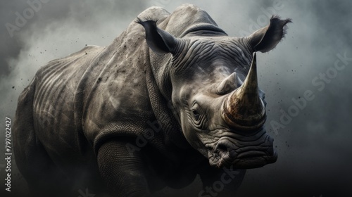 Majestic ancient rhinoceros in dramatic lighting against a dark clouded sky