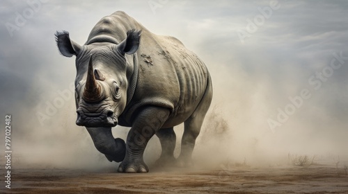 Majestic ancient rhinoceros in dramatic lighting against a dark clouded sky