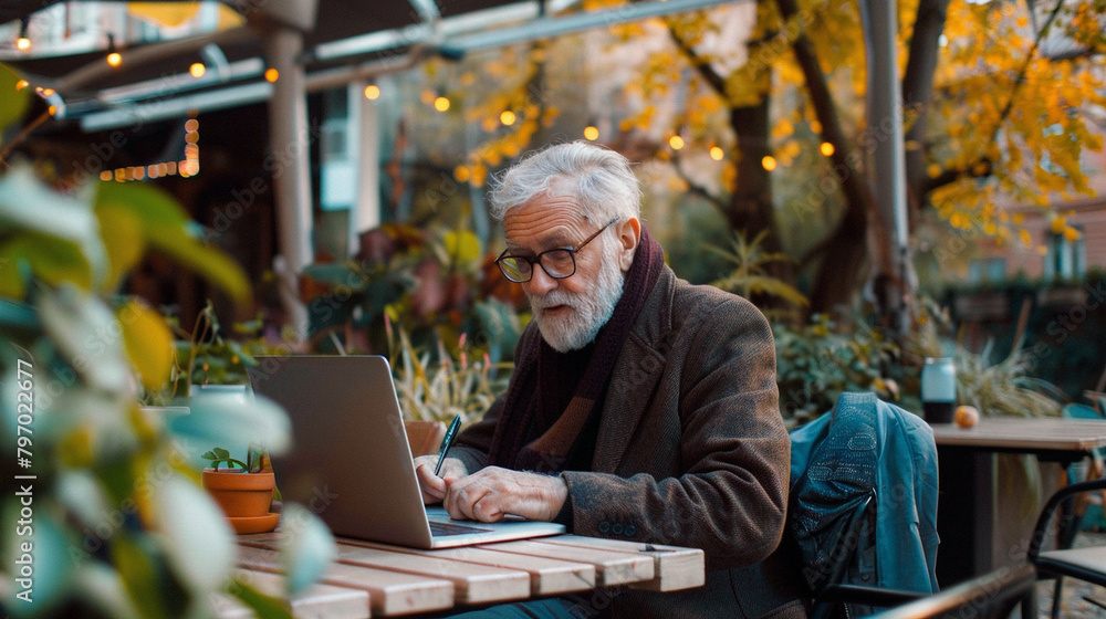 Senior Businessman Using Laptop Outdoors, Working On Computer Technology For Business Communication, Perfect For Entrepreneurial Or Remote Work Imagery Senior Businessman Using Laptop Outdoors, Working On Computer Technology For Business Communication, Perfect For Entrepreneurial Or Remote Work Imagery