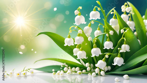 Lily of the valley flowers with water droplets in sunny day.Lily-of-the-valley. Convallaria majalis.Spring floral background. Banner for design with copy space.Generative AI