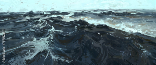 A dramatic depiction of a rough sea with dark, tumultuous waves crashing and foamy crests rising against a stormy sky backdrop