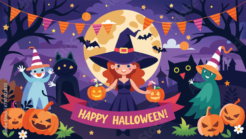 Enter the bewitched Halloween night with evil pumpkins, bats, witches, a black cat, and a haunted castle against the full moon. Spooky banner illustration.
