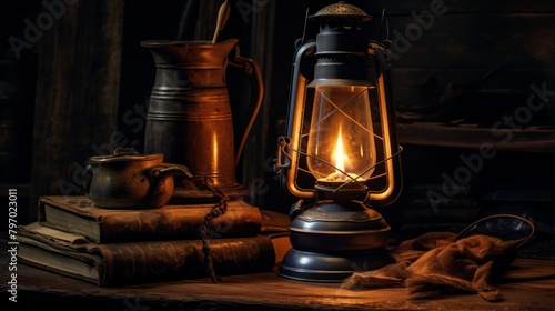 Vintage still life with an old lantern, antique books, and rustic utensils on a wooden table