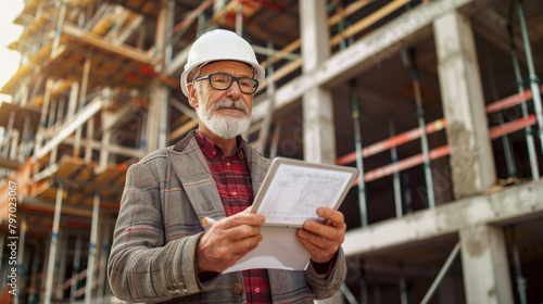 Senior Businessman Architect At Construction Site Reviewing Building Architecture Plans On Tablet Computer, Wearing Protective Workwear And Helmet