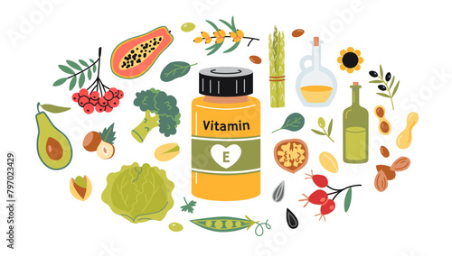 A jar of vitamin E in tablets or capsules and foods enriched with it. Fruits, vegetables, nuts, berries and oil set. Isolated vector illustration, hand drawn, flat