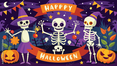 Step into the bone-chilling Halloween night, where skeletons gather for a party amidst pumpkins, bats, and the full moon casting an eerie glow. Frightening banner illustration.
