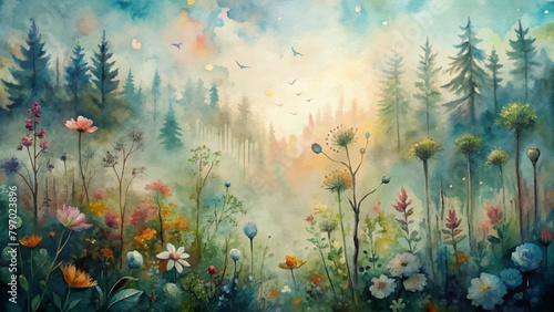 Watercolor background of wildflowers in a mystical forest