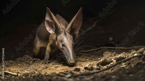 Dramatically lit image of an aardvark digging in the soil showcasing its long ears and snout