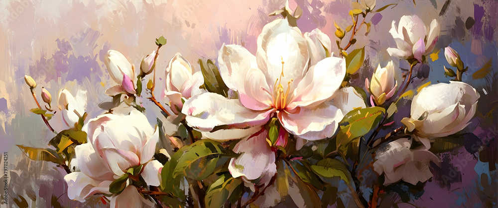 Exquisite magnolia flowers captured in soft hues and textures, the digital art exudes tranquility and natural beauty