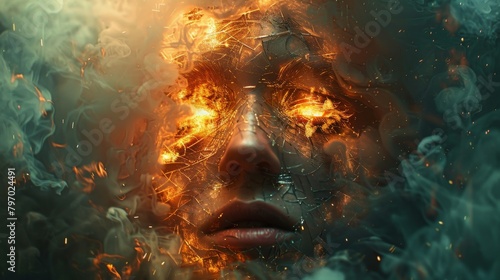 Surreal portrait of a woman with shattered mirror effects and swirling smoke