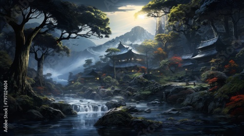 Detailed digital art of an oriental temple amidst a vibrant forest with soft flowing river and wildlife