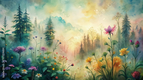 Watercolor background of wildflowers in a mystical forest