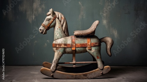 Antique wooden rocking horse on a vintage background, evoking nostalgia and childhood memories photo