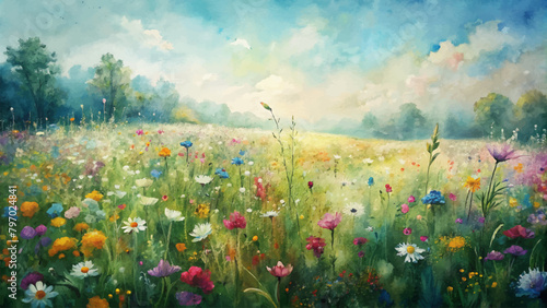 Watercolor background of a meadow filled with wildflowers © Fauzi Arts