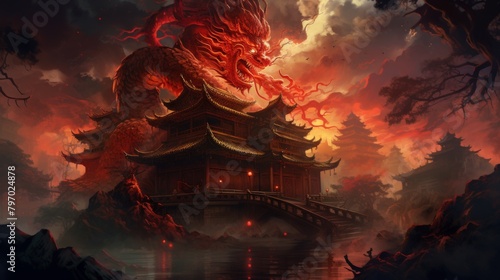 An awe-inspiring crimson dragon coils around an ancient pagoda amidst a dramatic, fiery backdrop © Helen