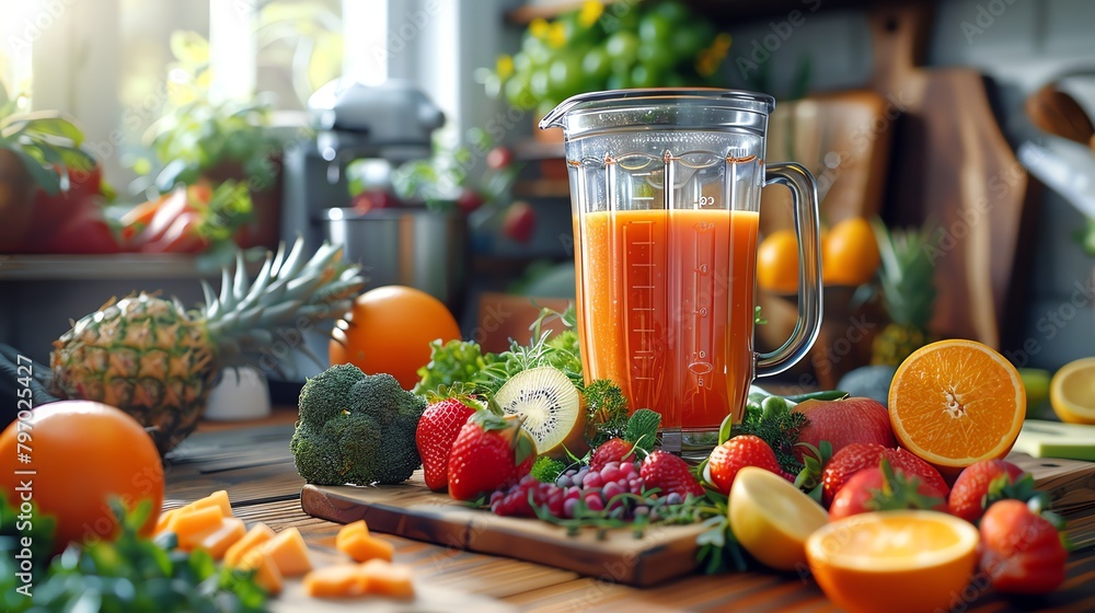 blending a smoothie with vividly colored fruits and vegetables visible through the glass pitcher blending a smoothie with vividly colored fruits and vegetables visible through the glass pitcher