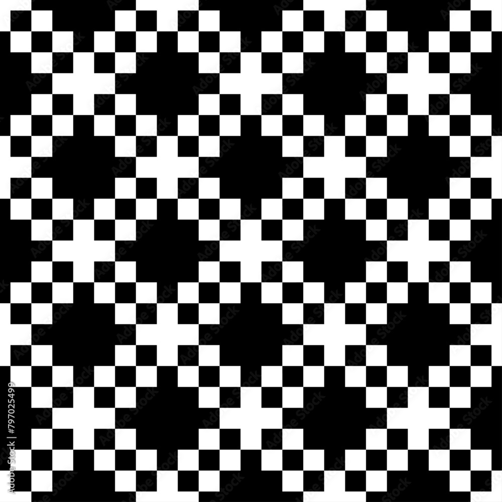 Fototapeta premium Crosses, checks ornament. Cross shapes, squares backdrop. Folk wallpaper. Embroidery background. Seamless pattern. Ethnic mosaic. Tribal motif. Digital paper, textile print, abstract. Vector artwork.