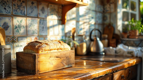 a bread box on a kitchen counter with a loaf of freshly baked bread partially emerging photo