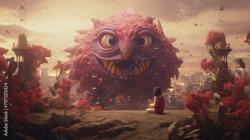 A whimsical scene with a giant pink monster smiling at a small girl amidst a city  evoking friendship and wonder