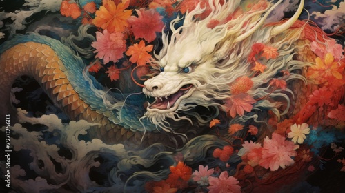 Graceful white dragon curls through a whirl of autumn leaves  symbolizing change and elegance