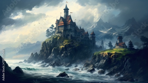 An atmospheric depiction of an ancient castle perched on rocky cliffs with a tumultuous sea roaring below, under a hazy sky