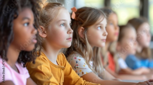 Several children sit next to each other and look to the side. They have different hair colors and different shirts. Elementary School.
