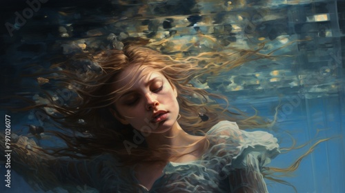 Surreal image of a woman submerged in water with her hair flowing