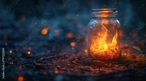 Magical night scene: glowing ember in a glass jar amidst a mystical forest