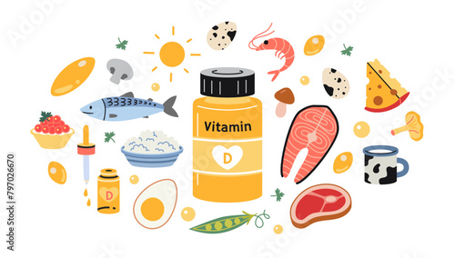 A jar of vitamin D in tablets or capsules and foods enriched with it. Sea food, fish, meat, dairy products, eggs and vegetables set. Isolated vector illustration, hand drawn, flat