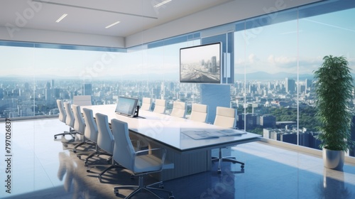 A contemporary meeting room featuring a city view, a sleek table setup, and a refreshing green potted plant © Helen