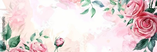 Watercolor Floral Invitation with Pink Roses and Leaves Generative AI © Stefan