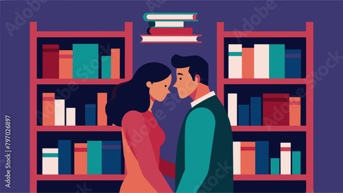 Hidden behind the tall bookcases a couple shared a tender moment their voices ly audible as they exchanged words in a private conversation.. Vector illustration