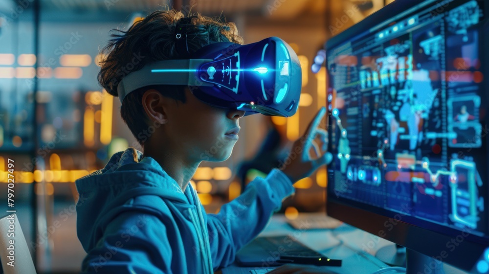 A boy wears a virtual reality headset and points at a computer screen.