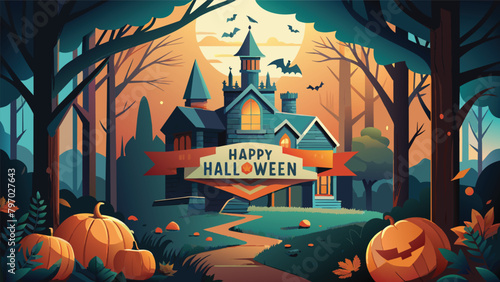 Haunting Halloween night with sinister pumpkins, bats, and a chilling castle looming under the light of the full moon. Haunting banner illustration.
