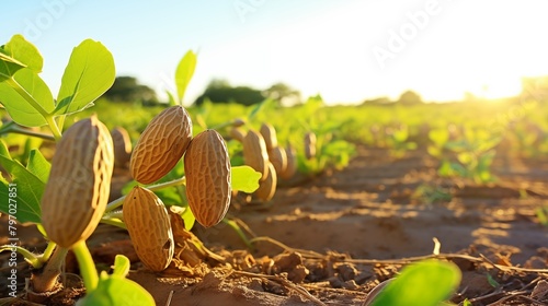 Peanut plant, bathed in sunlight, showcases developing pods, heralding the promise of a bountiful harvest under the radiant glow of the sun.
 photo